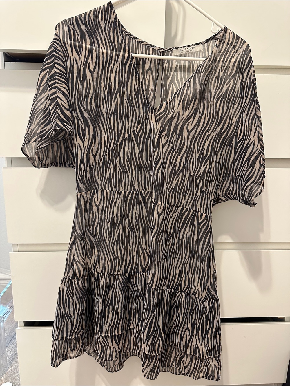 Zebra Print Chiffon Ruffle Hem Mini Dress - Black & Cream - All Saints